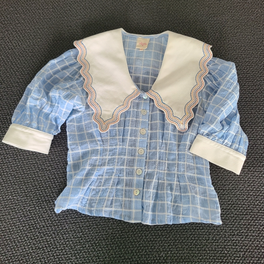 Anthropologie Plenty by Tracy Reese Embroidered Plaid Cotton Check Blouse XSP